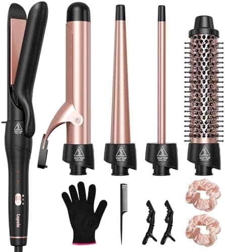 Lopeie 5 in 1 Curling Iron with Thermal Brush and 4 Interchangeable Ceramic Barr...